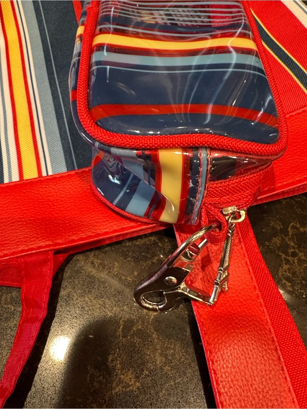 Lancôme Red Striped Tote Bag with Matching Pouch - Women's Beach & Everyday Tote